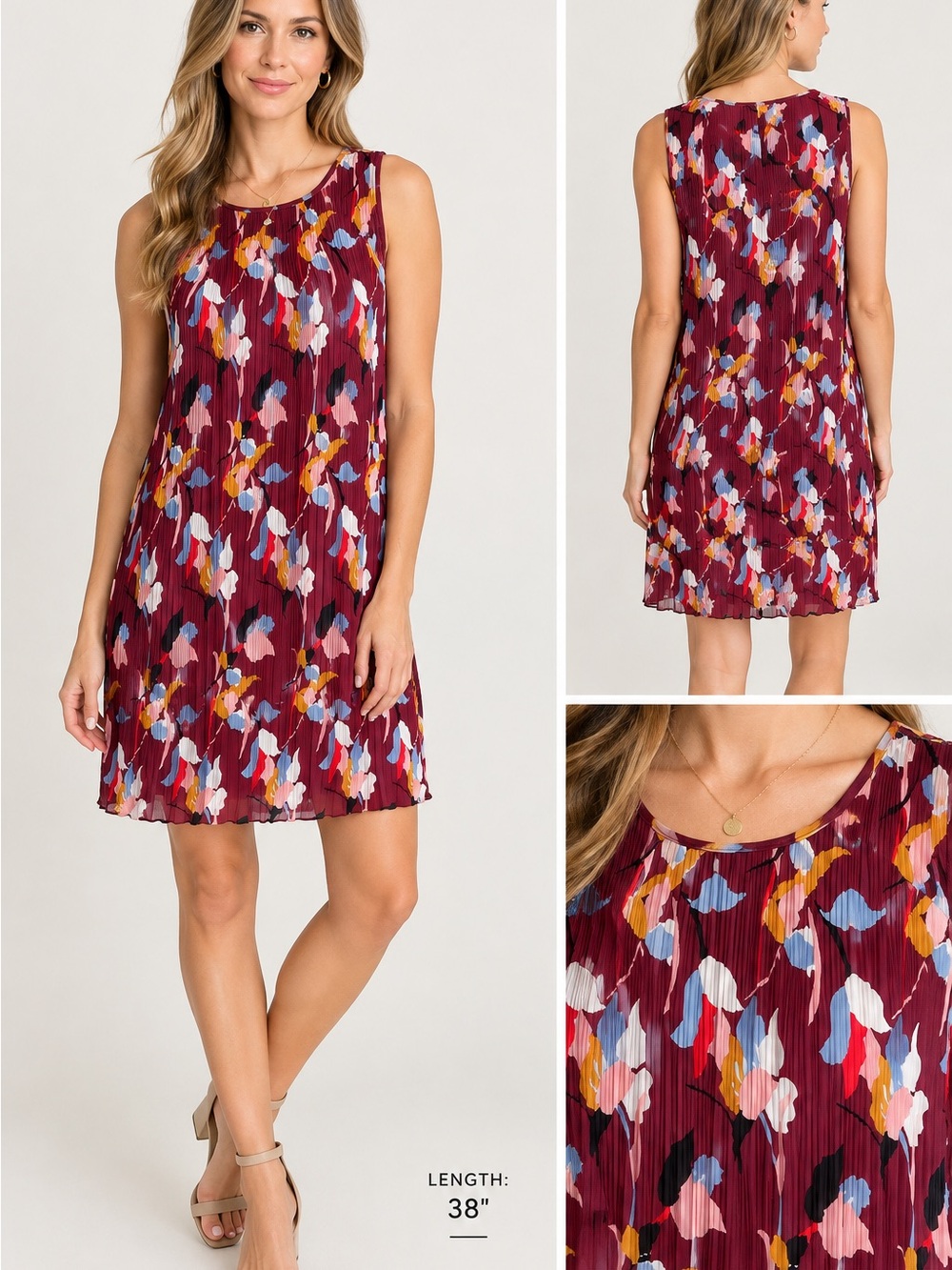 Halogen Pleated Floral-Print Sleeveless Dress - Burgundy Size Large